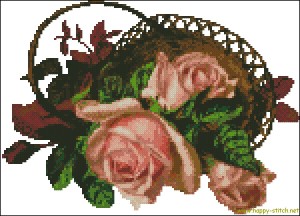 Vintage roses in a basket cross stitch pattern