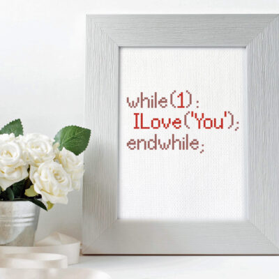 I Love You (always) in code - programming nerdy cross stitch pattern for Valentine's day