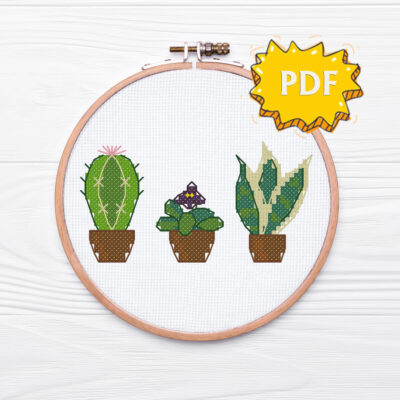 Tiny plants cross stitch pattern - cactus, african violet, sansevieria - green thumb gifts stitching