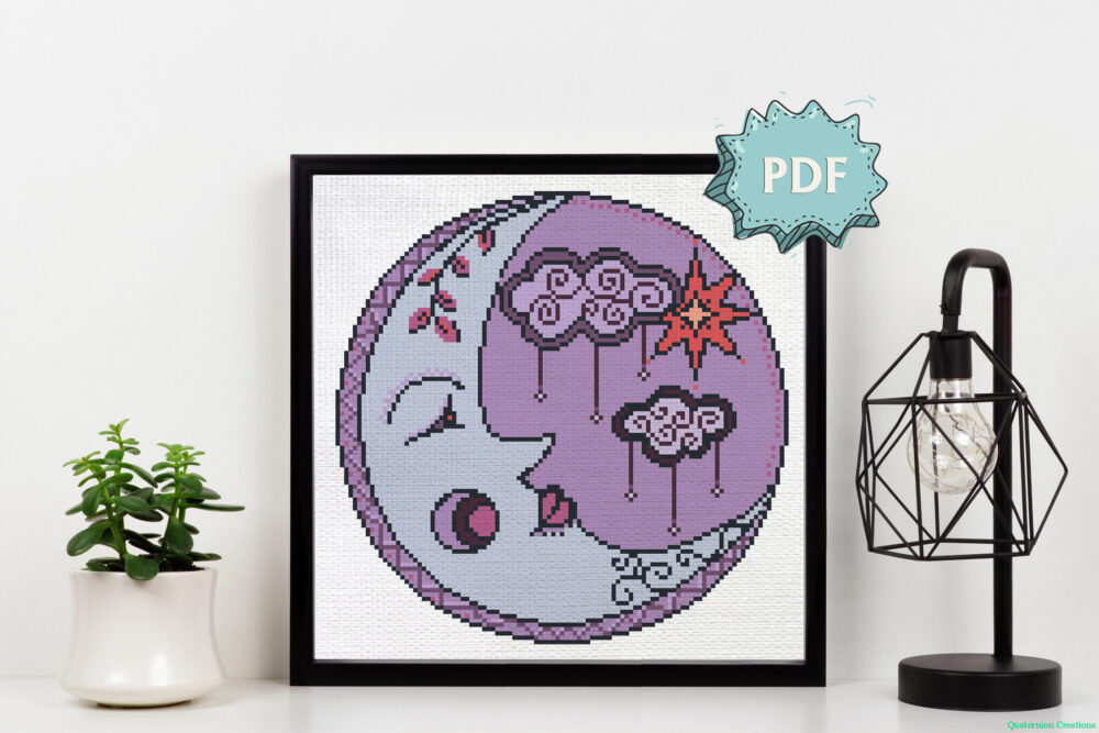 Purple Moon - beautiful modern cross stitch pattern - unique cross stitch design