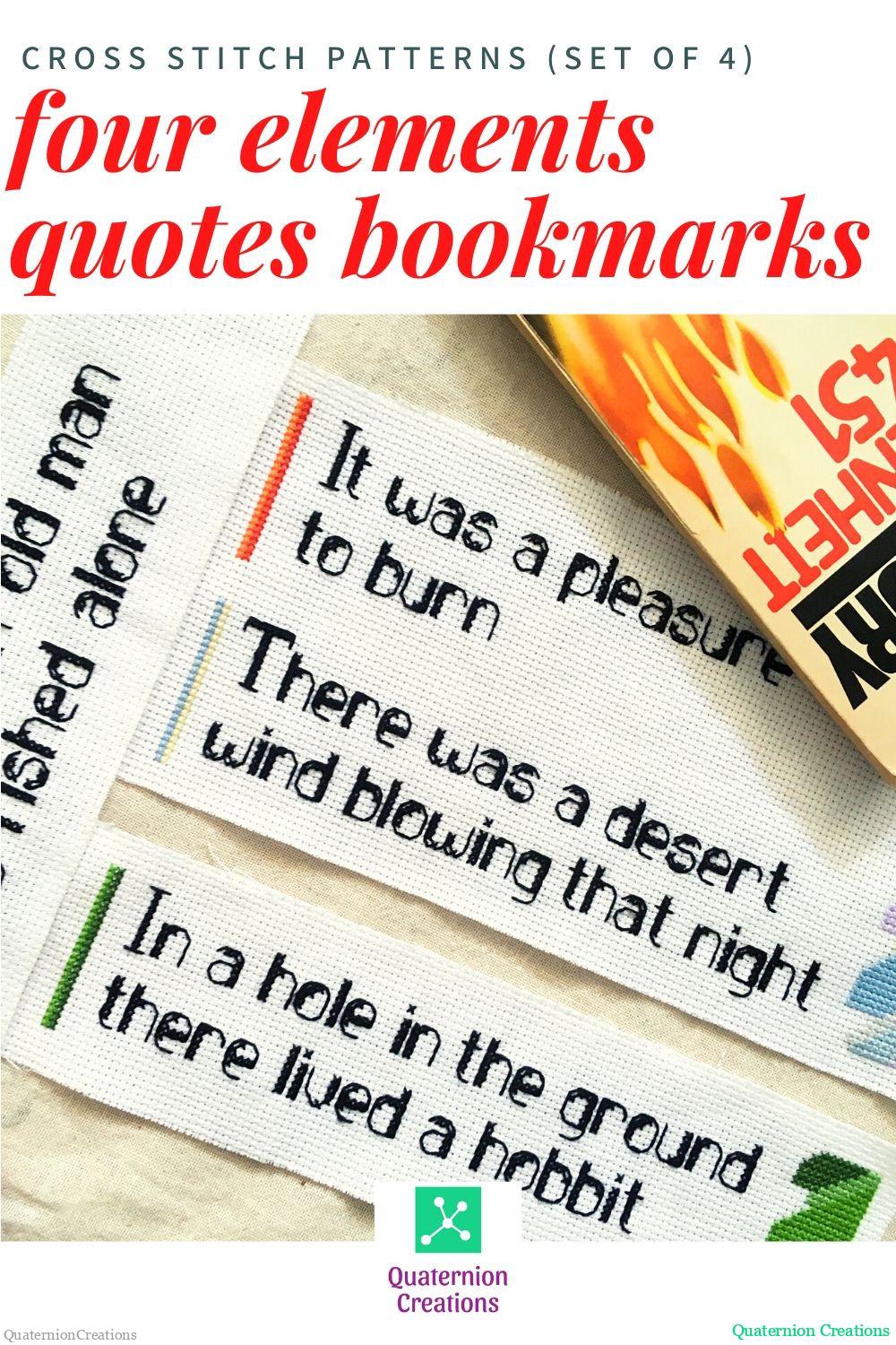 Quote bookmarks modern cross stitch patterns set of four, four elements cross stitch
