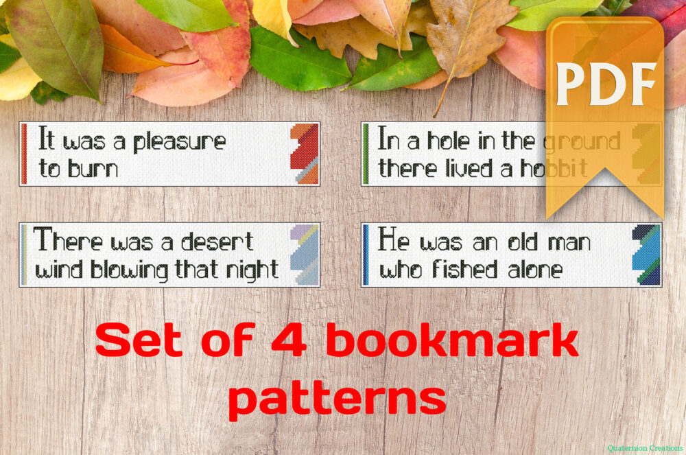 Quote bookmarks modern cross stitch patterns set of four, four elements cross stitch
