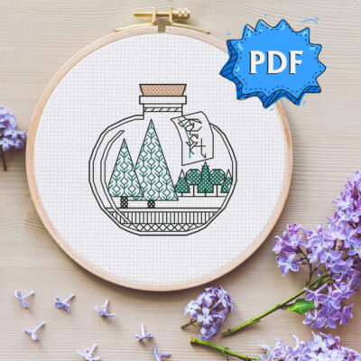 Bottled Forest blackwork embroidery pattern - easy modern cross stitch design