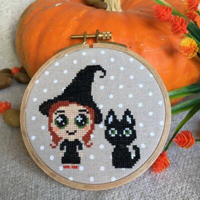 Witch cross stitch pattern - cute little witch and black cat embroidery - modern Halloween stitching design