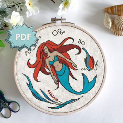 Mermaid cross stitch pattern - beautiful red haired mythical creature embroidery - modern stitching design