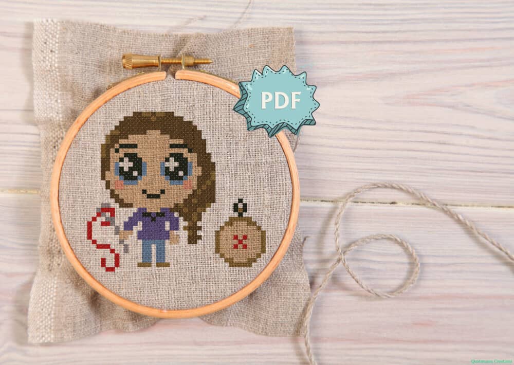 The stitcher cross stitch pattern - cute little stitcher with needle and hoop embroidery - modern stitching design