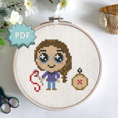 The stitcher cross stitch pattern - cute little stitcher with needle and hoop embroidery - modern stitching design
