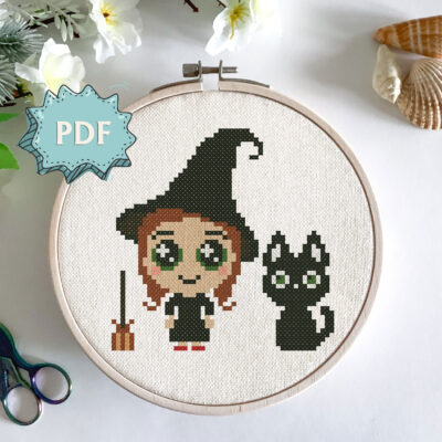 Witch cross stitch pattern - cute little witch and black cat embroidery - modern Halloween stitching design