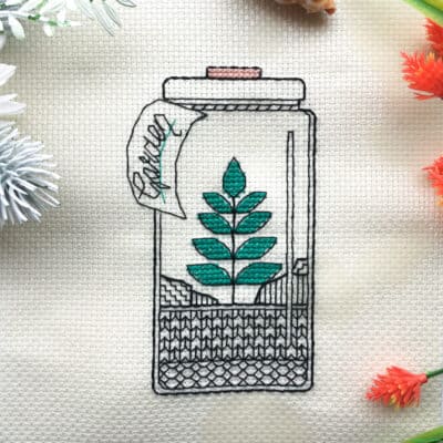 Garden in a jar blackwork embroidery pattern - bottle garden - easy modern cross stitch design