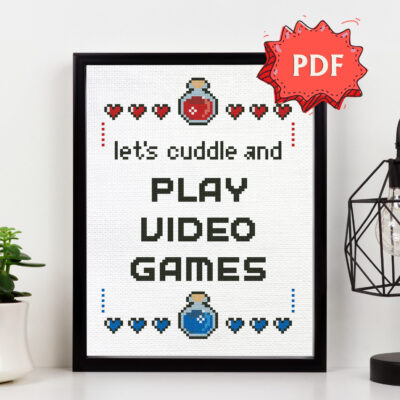 Gaming cross stitch pattern - Let's cuddle and play video games - geeky embroidery quote