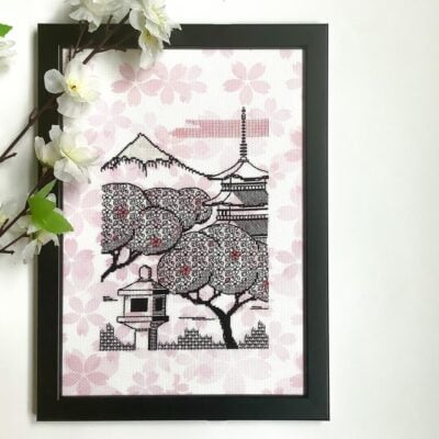 Sakura Morning blackwork pattern - modern Japan inspired embroidery - unique cross stitching design