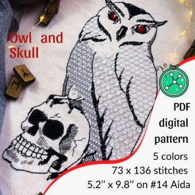 Owl and Skull blackwork and cross stitch pattern