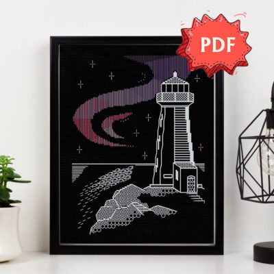 Lighthouse Aurora blackwork pattern - beautiful modern Northern Lights embroidery - unique stitching design