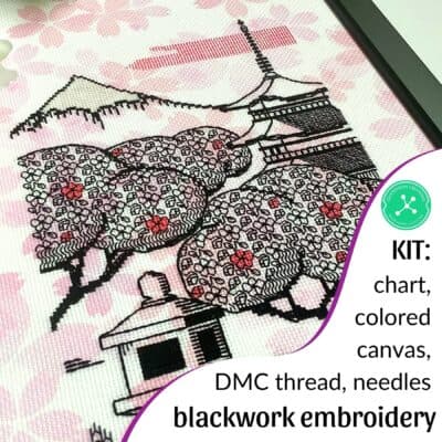 Sakura Morning blackwork embroidery kit
