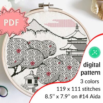 Sakura Morning blackwork pattern (hoop version)