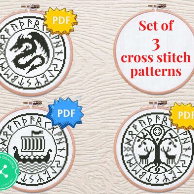 Viking symbols cross stitch designs - Drakkar, Dragon, Tree of life - set of three nordic inspired patterns