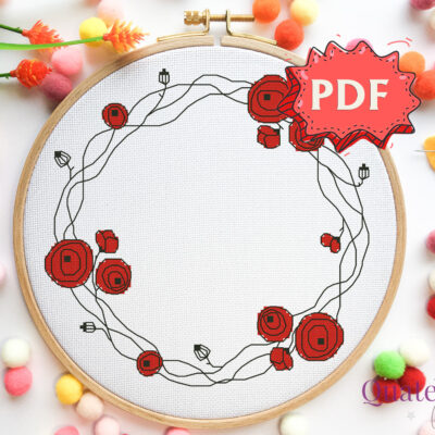 Flower Wreath Cross Stitch Pattern - Poppy Crossstitch Design - Embroidery Design PDF