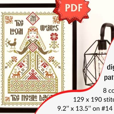 The loom weaves, the needle dances cross stitch pattern